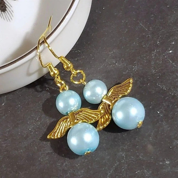 Sustainable Christmas Holiday Angels Gold Plated Light Blue Glass Pearl Earrings - Picture 2 of 9